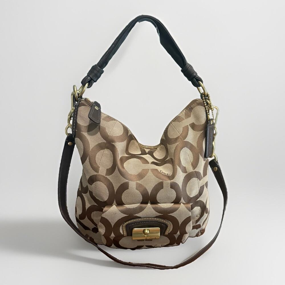 Coach Kristin Op Art Sateen Hobo Shoulder Bag Khaki Brown Signature Canvas